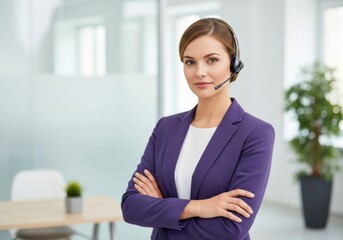 Serious and professional woman in a purple jacket and headset with arms crossed, ready to assist