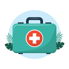 Obraz premium First Aid Kit Illustration with Tropical Leaves for Medical Emergency Preparedness and Healthcare Solutions in a Clean Vector Graphic Design