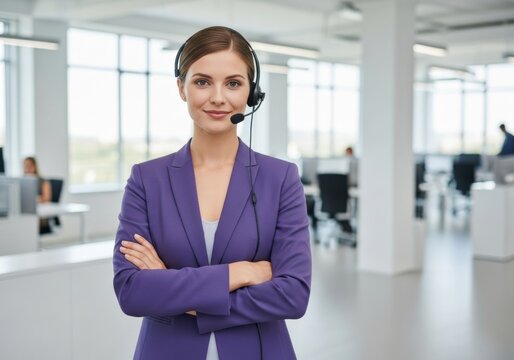 Portrait of a confident, attractive helpdesk woman with a headset and crossed arms in an open office