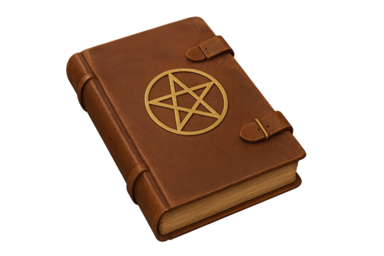 Brown leather-bound book with gold pentagram emblem, twin straps, and aged pages giving vintage occult vibe