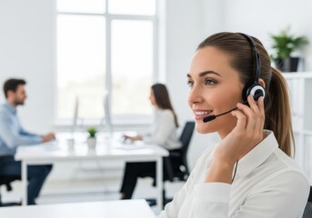 Attractive female customer service representative talking on a professional headset in a busy modern office