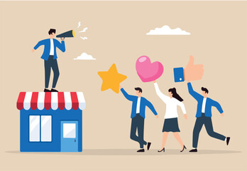 Flat illustration of store owner with megaphone speaks to loyal customers positive feedback brand engagement increase sale marketing strategy