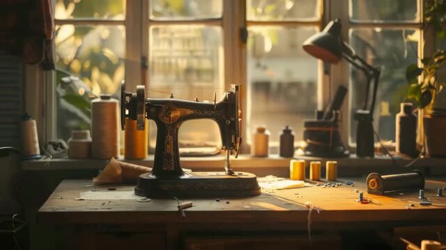 Vintage Sewing Machine in Sunlit Workshop