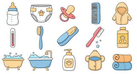 Cute baby essentials: cartoon icons of bath and care items for newborns and i…