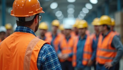 Group construction workers gathered. Foreman in safety vest, hard hat leads briefing. Workforce listens attentively to instructions at industrial site. Team discusses project details, safety