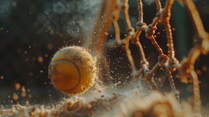 dramatic capture of a tennis ball hitting net cord, bouncing up, slow-motion style