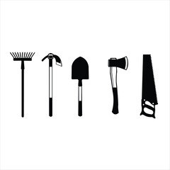 Set of black silhouette icons for essential farming, gardening, and lumberjack hand tools on a white background.