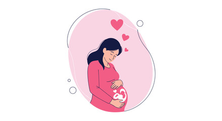 Obraz premium Pregnant woman lovingly embraces her baby bump with hearts floating above.