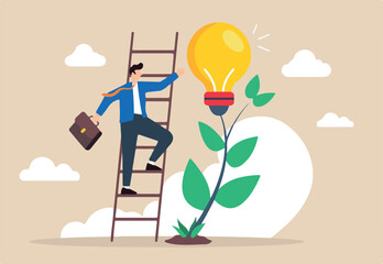  Flat illustration of businessman climbs ladder to reach lightbulb and growing plant symbolizing creativity and personal development