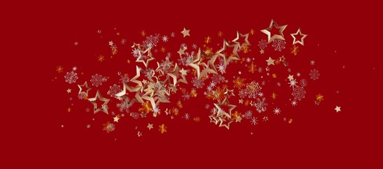 Christmas background with golden stars and snowflakes on a vibrant red backdrop, perfect for holiday greetings and celebrations. © vegefox.com