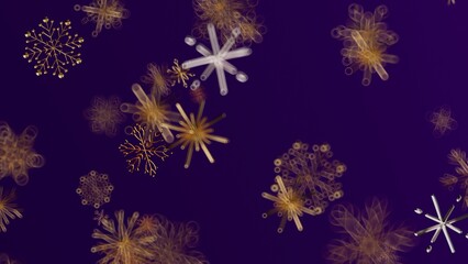 Elegant abstract design featuring gold snowflakes on a deep purple backdrop, perfect for winter themes and holiday concepts.