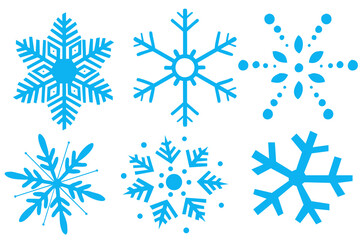 Six blue snowflake icons isolated on transparent background