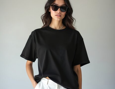 Stylish woman wears black oversized t shirt. She has sunglasses and silver necklace. Casual wear outfit for urban fashion. Model poses with hands in pockets.