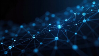 Visualizing the flow of information and communication within a seminar team. Abstract digital art on a deep black background. Numerous glowing, interconnected nodes are linked by thin, bright blue and