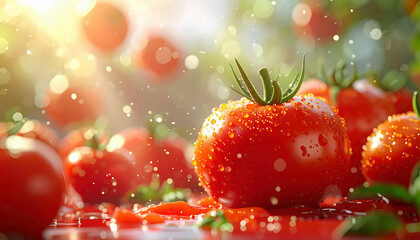 Fresh ripe tomato with water droplets glistening in sunlight, surrounded by vibrant red tomatoes in a natural garden setting.