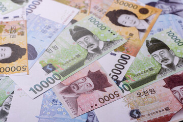 Korean paper money, won, and cash banknotes for financial transactions. Korean money
