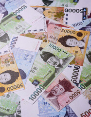 Korean paper money, won, and cash banknotes for financial transactions. Korean money