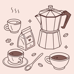 A stylized line drawing of a moka pot surrounded by three coffee cups (one steaming), a spoon, a sugar cube, scattered coffee beans, and a labeled bag of coffee with a heart.