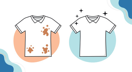 Clean and dirty white t shirt comparison stain removal concept.
