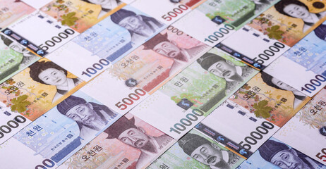 Korean paper money, won, and cash banknotes for financial transactions. Korean money