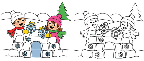 Two Happy Kids Building an Igloo and Playing with Snowflakes in Winter