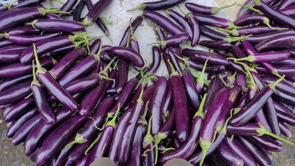 A vibrant display of long slender purple eggplants their glossy skin reflecting light piled high at a local produce stand