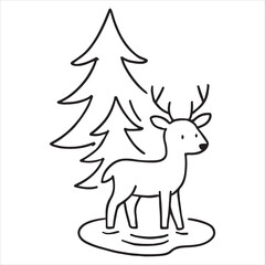 Obraz premium Christmas tree and deer line art design silhouette on vector white background