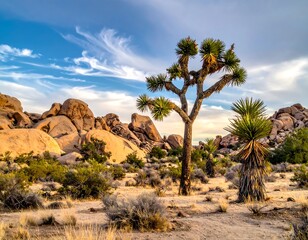 Arid landscape with Joshua trees, boulders, and wispy clouds