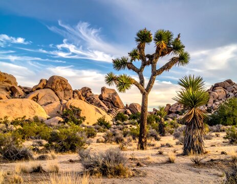Arid landscape with Joshua trees, boulders, and wispy clouds - Powered by Adobe