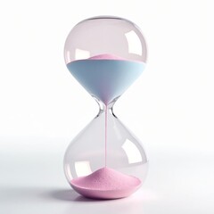 Pastel hourglass with pink sand falling through blue section on white background. Symbolizes time passing, deadline, progress, or waiting. Clean modern object.