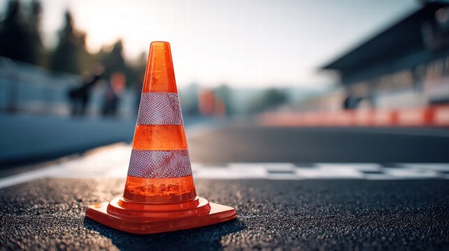 A bright orange traffic cone sits prominently on a race track's asphalt surface.