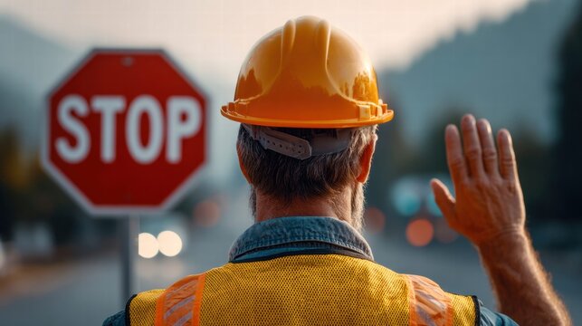 A construction worker with a stop sign and hand signal, on a roadside.