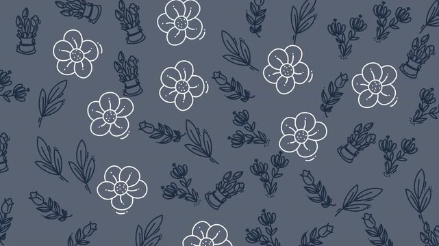 Doodle floral pattern with whimsical flower leaves and plant art on a grey background. Suitable for stationery, fabrics, and decorations.