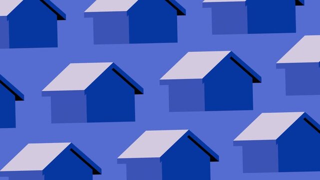 A 3D rendering of a simple, blue modern home rotates smoothly in a continuous loop. 