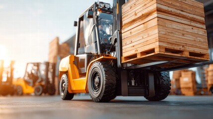 Obraz premium A vibrant shot of a forklift carrying pallets in a bustling warehouse environment, highlighting logistics.