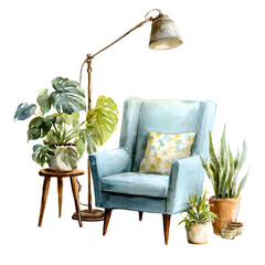 Cozy reading nook with plants isolated on white background