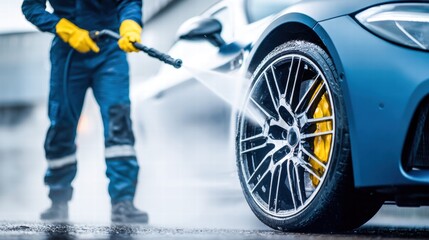 The detail of a car being washed by a professional with a high-pressure water jet.