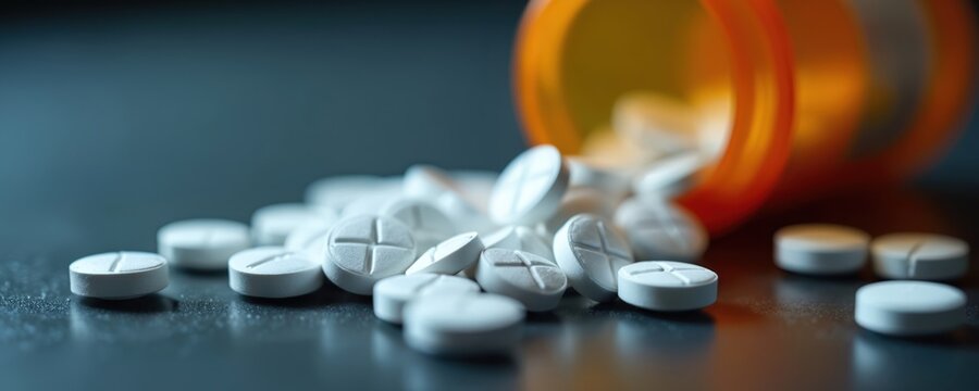White pills spill from orange bottle on dark surface. Prescription drugs, medication for pain illness. Image represents public health concerns, drug abuse, addiction, overdose risk, treatment,
