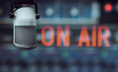 Microphone in radio studio and on air sign