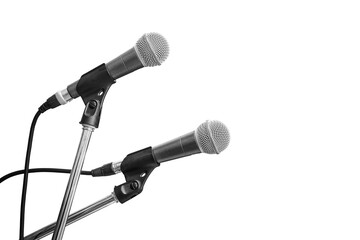 Two professional microphones on stands isolated on a white background, symbolizing press conferences, interviews, or broadcasting