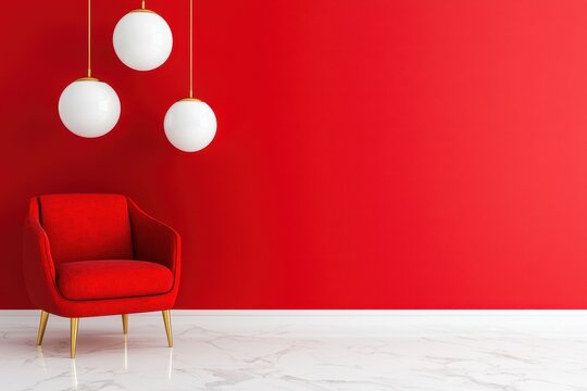 Cozy Red Armchair with Minimalist Pendant Lights on Bright Wall