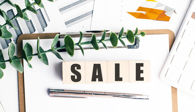 SALE abbreviation on wooden blocks with clipboard, pen, charts and green leaves on white desk - Powered by Adobe