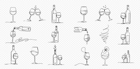 Obraz premium Continuous line art illustrations of wine glasses, bottles, and pouring, depicting various wine-related scenes and celebrations.
