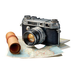 Vintage camera and travel map isolated on white background