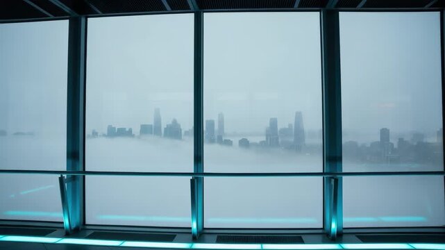 Foggy cityscape revealed through glass windows in modern highrise