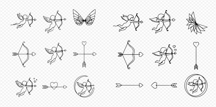 A collection of hand-drawn line art illustrations featuring Cupid, bows, arrows with heart tips, and angel wings, perfect for Valentine's Day designs.
