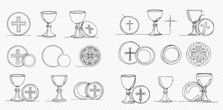 Line art illustrations of Christian communion symbols including chalices, hosts with crosses, and other religious emblems.
