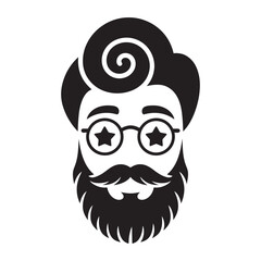 Stylish hipster with a beard and star eyed glasses illustration, icon, logo, vector 