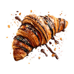 Chocolate glazed croissant with crumbs isolated on white background