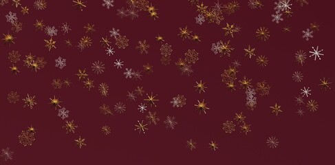 Abstract design of falling gold and silver snowflakes on a rich burgundy background perfect for Christmas and winter themes. Create your festive